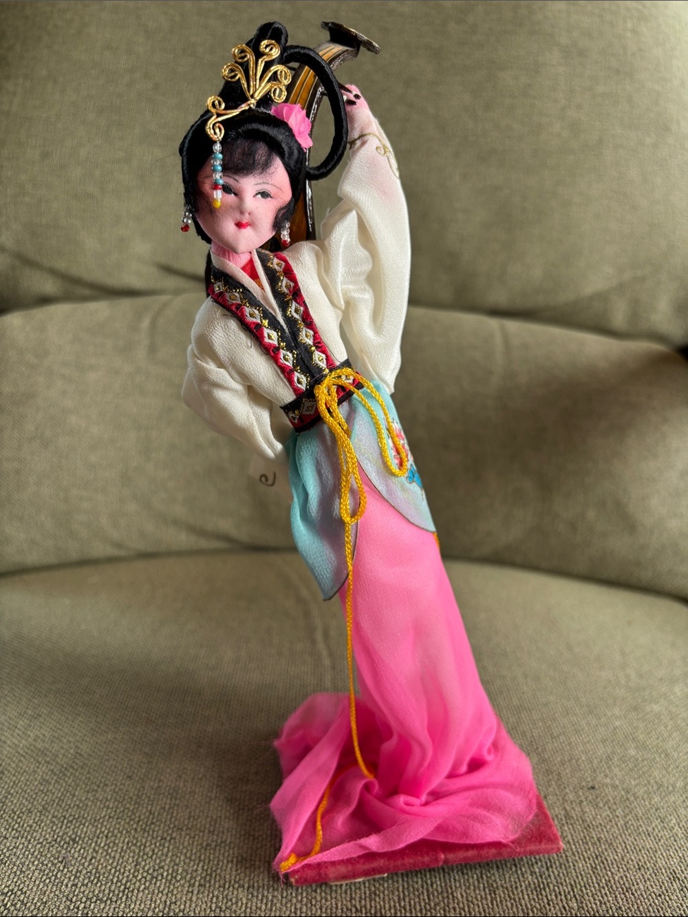 Decorative Pink and White Oriental Fabric Doll Accent